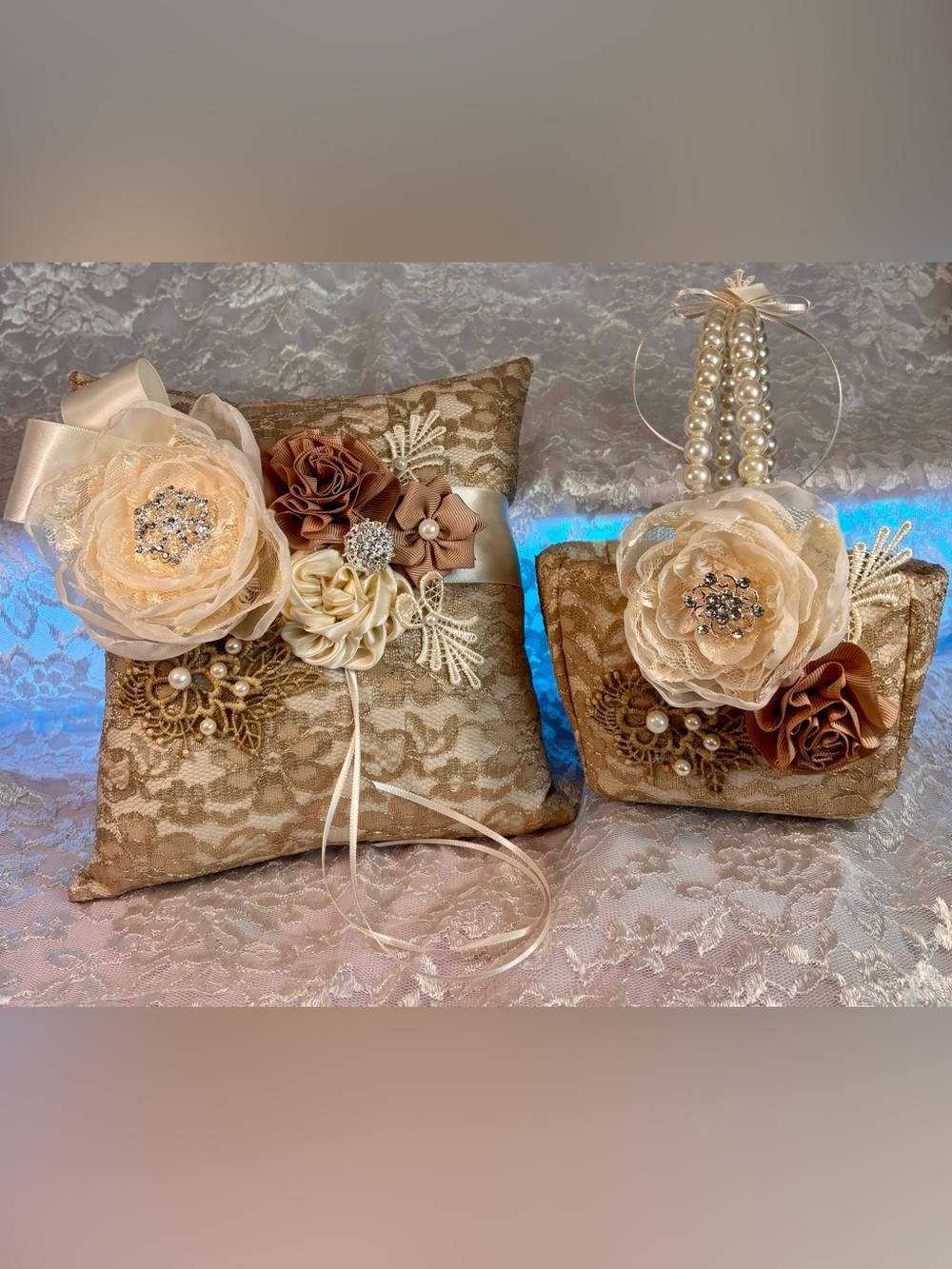 🥂 Handmade Champagne and Ivory Ring Pillow and Flower Basket Set - Picture 12 of 15